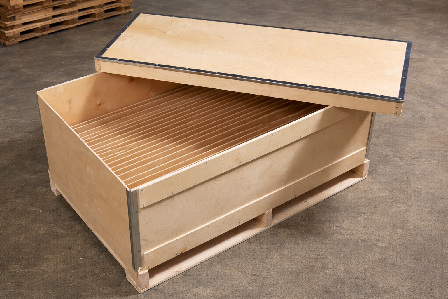Strong wooden case with custom inserts and reinforced edges