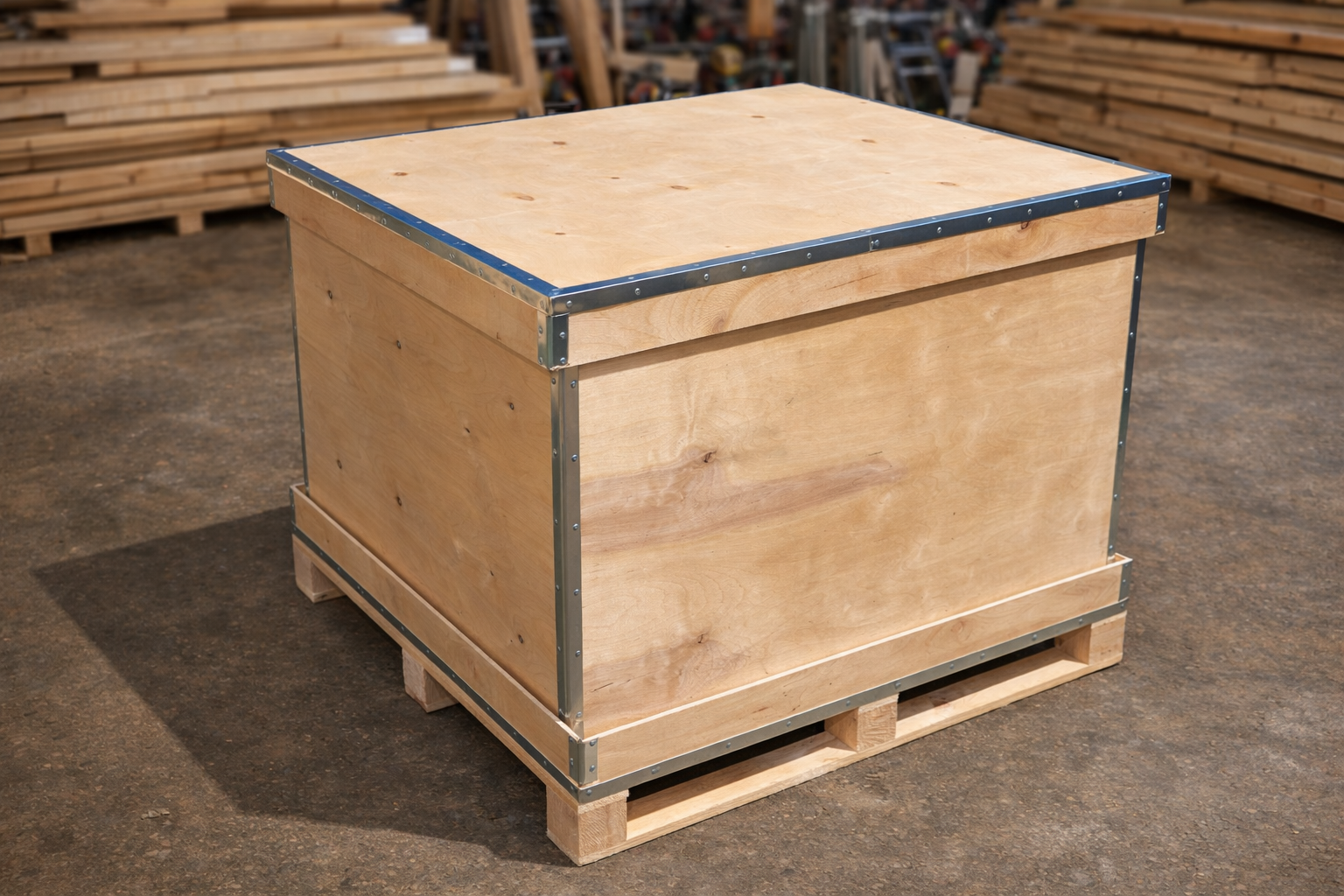 Strong wooden case with lid and reinforced edges