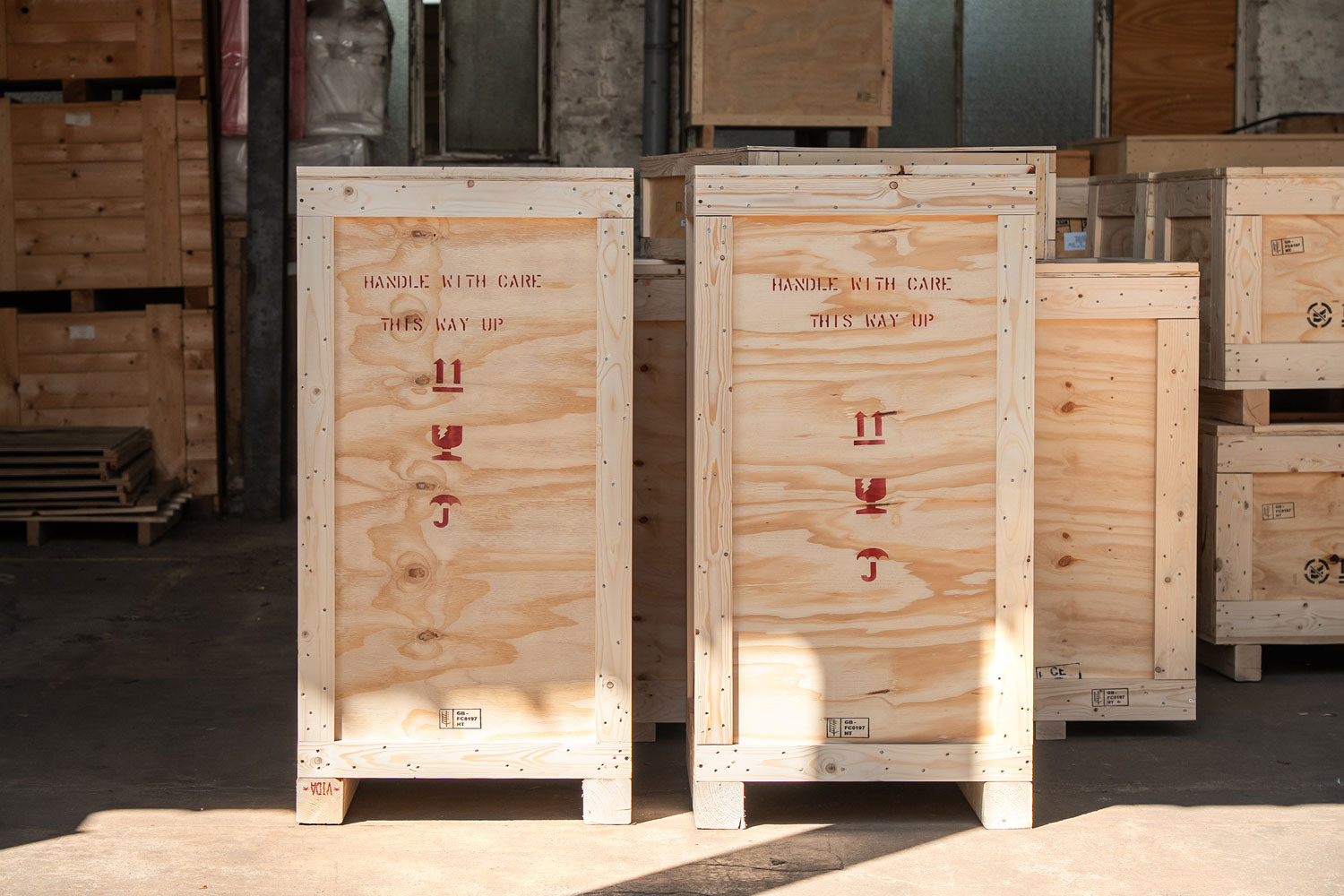Custom wooden cases with Handle with care stamped on